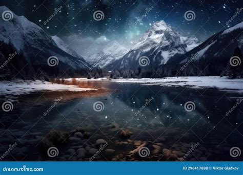 Lake Surrounded By Snow Capped Mountains Under A Starry Sky Generative