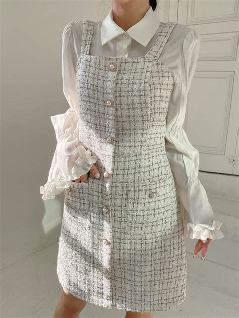 Dazy Plaid Pattern Fake Button Tweed Pinafore Dress Without Blouse