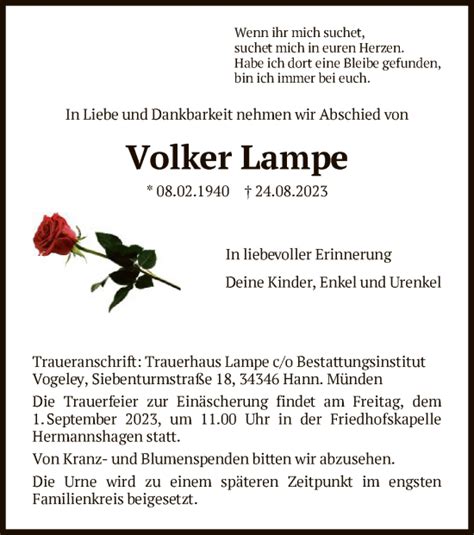 Traueranzeigen Von Volker Lampe Trauer Hna De