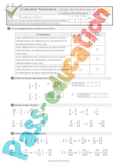 Ajouter Des Fractions Qui Ont Le M Me D Nominateur Examen Evaluation