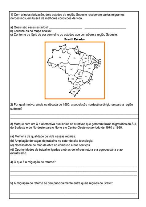 Geografia migrações internas no Brasil Atividade de geografia para