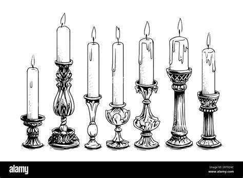 Thick Christmas Candles Burning Hand Drawn Sketch Engraving Style