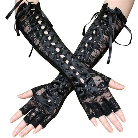 Women Bandage Long Gloves Sexy Black Lace Long Fingerless Gloves Cross