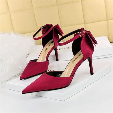 Escarpin Femme Satin De Soie Talons Hauts Bout Pointu Rouge