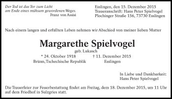 Traueranzeigen Von Margarethe Spielvogel Zeit Des Gedenkens De