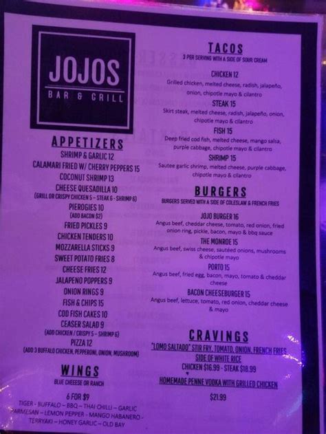 Menu At Jojos Bar And Grill Garfield