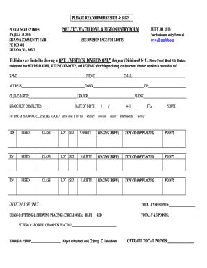 Fillable Online Poultry Waterfowl Pigeon Entry Form Silvana Fair