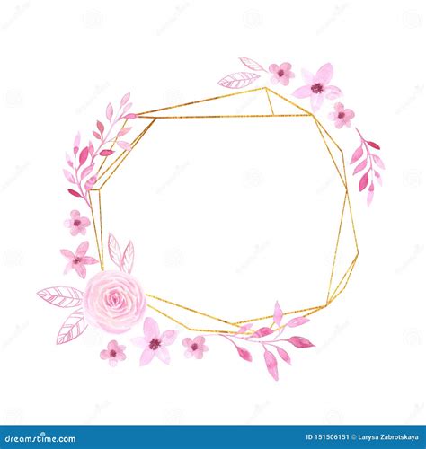 Watercolor Floral Geometric Frame With Delicate Flowers Stock