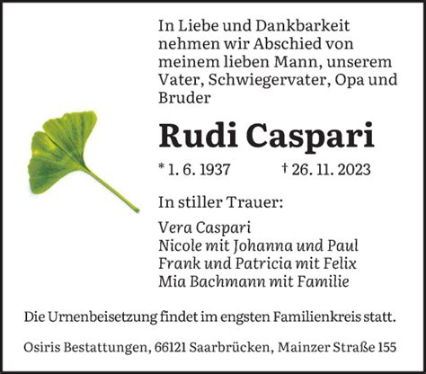 Traueranzeigen Von Rudi Caspari Saarbruecker Zeitung Trauer De