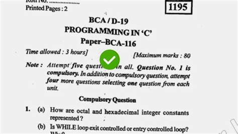 2019 Kuk Bca 1st Sem Programming In C Question Paper Youtube