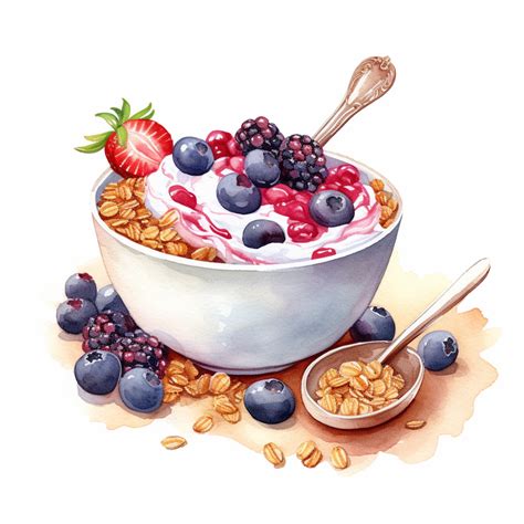 Realistic Granola And Yogurt Watercolor Clipart On White Background