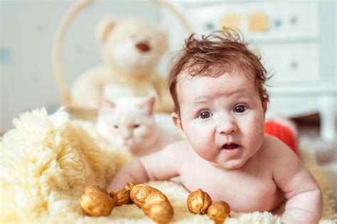 Naked Baby Lying On Blanket Stock Image Image Of Girl Interior