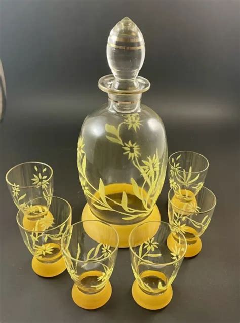 Vintage Hungarian Yellow Floral Decanter And Glass Set 8 Piece 50 00 Picclick Au