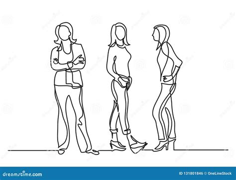 Continuous Line Drawing Of Three Standing Women Stock Illustration