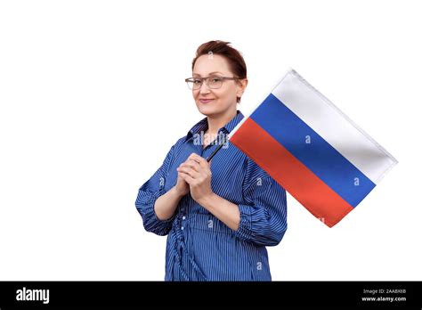 russia flag woman holding russian flag nice portrait  middle aged