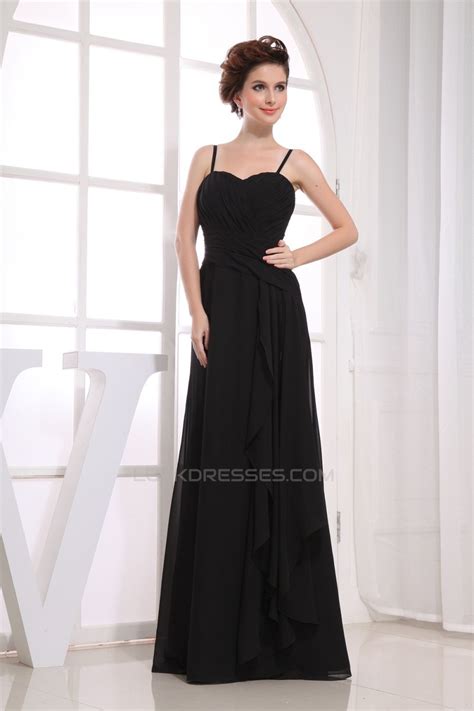 A Line Sweetheart Spaghetti Strap Floor Length Long Black Chiffon