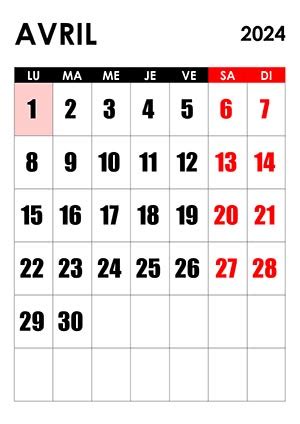 Calendrier Avril 2024 Calendrier Su