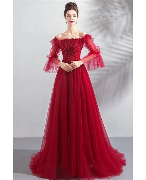 Flowy Burgundy Red Long Tulle Prom Dress With Off Shoulder Sleeves