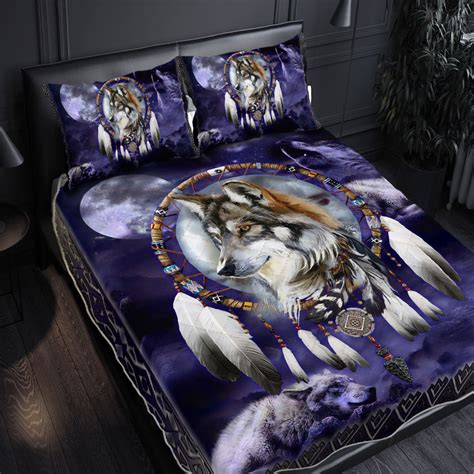 Wolf Quilt Bedding Set Native American Wolf Howling Dreamcatcher