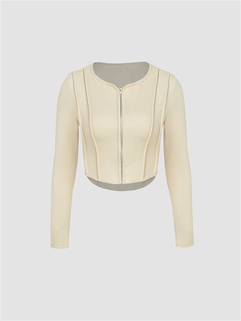 Solid Zip Up Long Sleeve Crop Top Cider