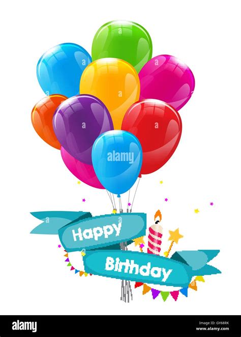 Happy Birthday Card Template With Balloons Ribbon And Candle Ve Stock