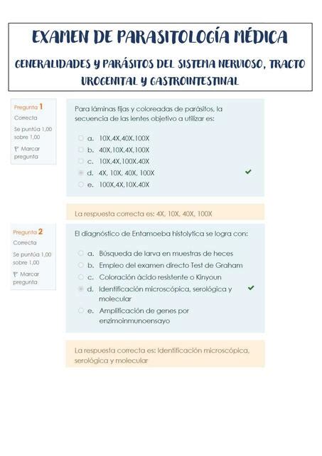 Examen de Parasitología Generalidades Sistema nervioso y Tracto UG y