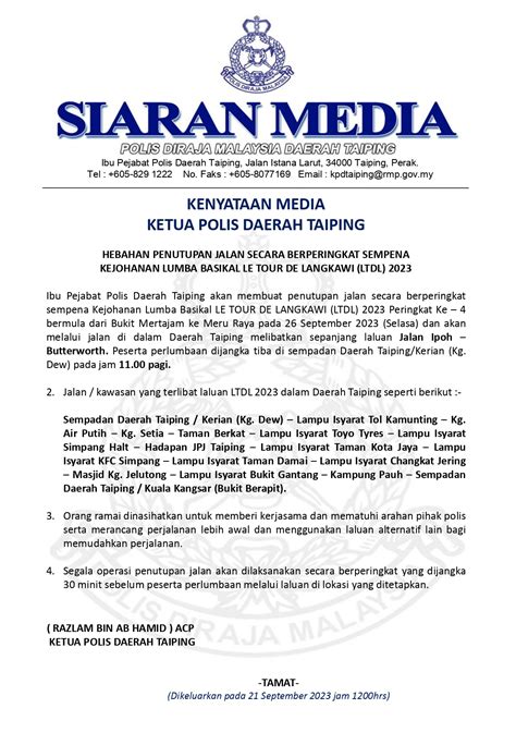 HEBAHAN PENUTUPAN JALAN SECARA BERPERINGKAT SEMPENA KEJOHANAN LUMBA