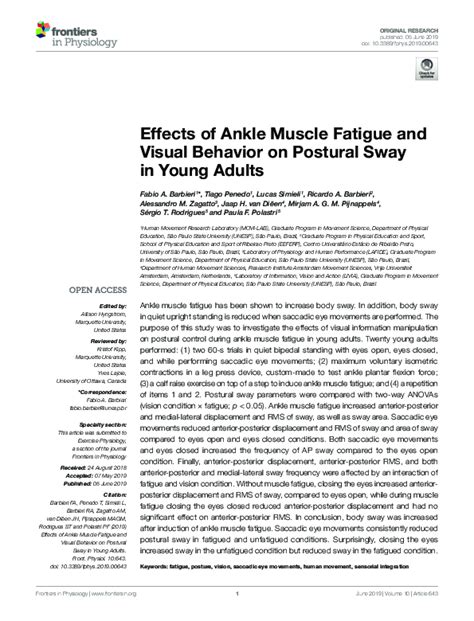 Pdf Effects Of Ankle Muscle Fatigue And Visual Behavior On Postural