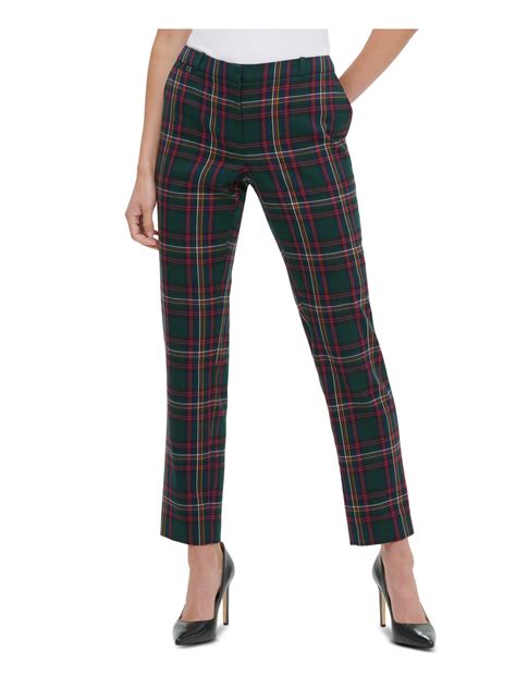 Tommy Hilfiger Womens New Green Plaid Zippered Straight Leg Pants