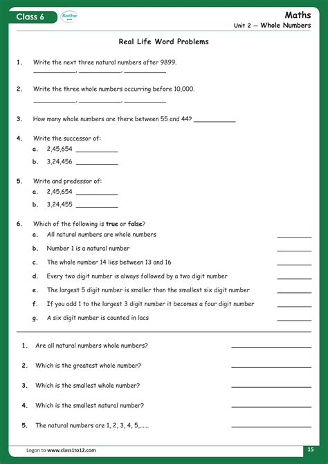 Class 6 Maths Whole Numbers Worksheet Class1to12 Worksheets Library