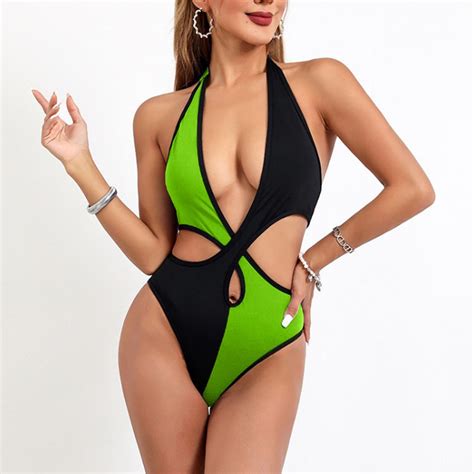 Sovlvnd Clearance Under 10 Women Color Blocking Sexy Backless Strap Bikini One Piece Swimsuit