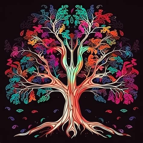 Pintura mística del árbol de la vida del arco iris colorido vibrante