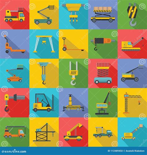 Lifting Machine Icons Set Flat Style Stock Vector Illustration Of