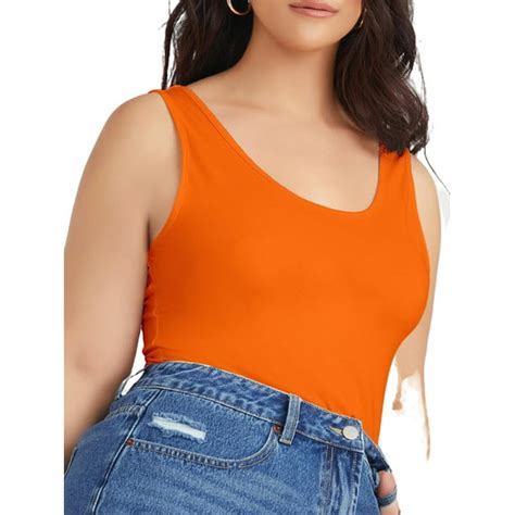 Casual Solid Scoop Neck Tank Orange Plus Size Tank Tops And Camis Womens Plus