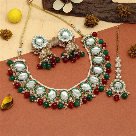 Maroon And Green Color Kundan Necklace Set Kn1308mg