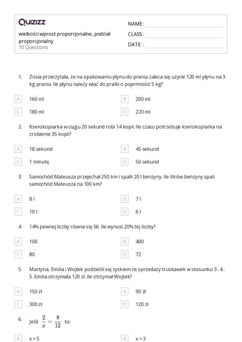 Ponad Stosunki Proporcjonalne Arkuszy Roboczych Dla Klasa W