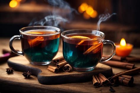 Premium AI Image Two Cups Of Hot Tea On Wooden Board With Cinnamon Sticks