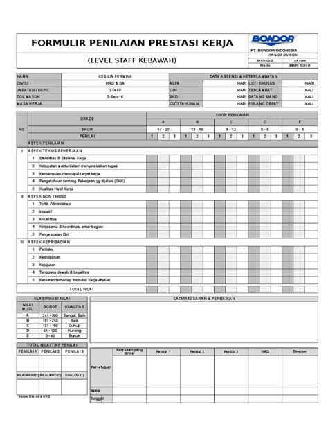 Form Penilaian Karyawan Level Operator Pdf