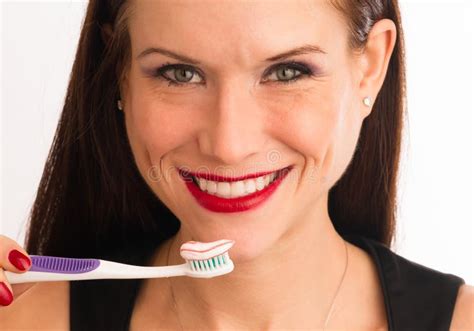 Attractive Woman Wonderful Smile Adult Female Brushing Teeth Too Stock