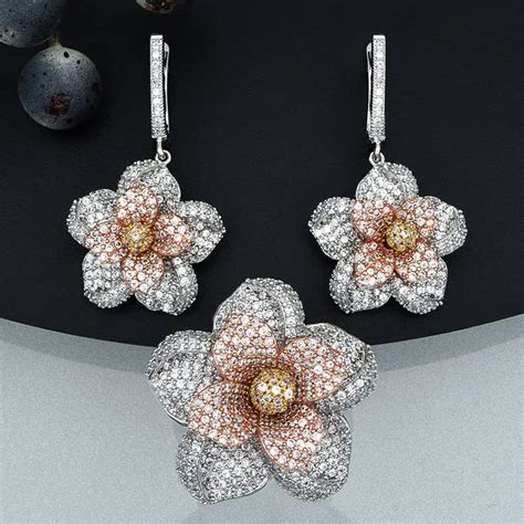 Three Tone Flower Earrings Ring Fashion Jewelry Sets Aaa Cubic Zircon Women Wedding Party Bijoux