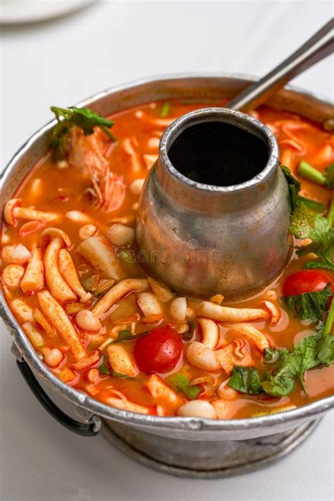 A Pot Of Hot And Sour Thai Tom Yum Soup Stock Photo Image Of Produce Bowl