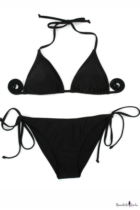 Black Plain Triangle Top With String Bikini Set Beautifulhalo