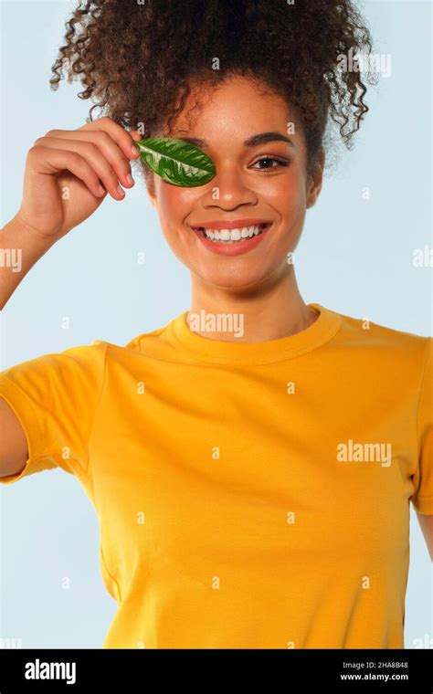 Natural Beauty Happy Afro American Girl In Yellow Tshirt With Curly