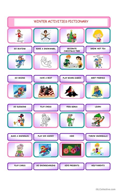 Winter Activities Pictionary Piction English ESL Worksheets Pdf Doc