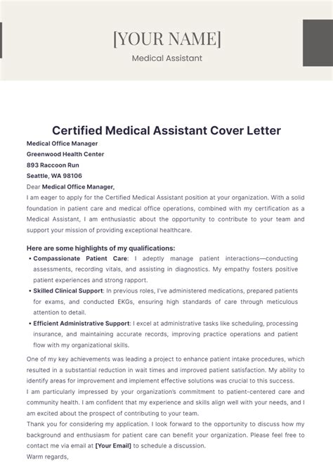 Certified Medical Assistant Cover Letter Edit Online And Download Example