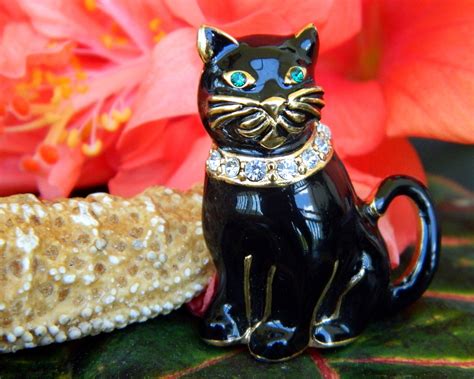 Vintage Monet Black Cat Brooch Pin Enamel Rhinestones Collar Figural