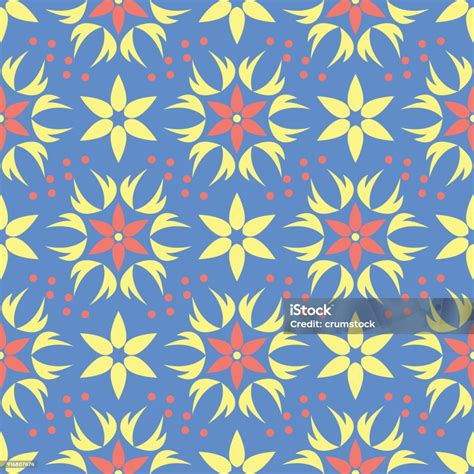 Floral Seamless Pattern Red And Yellow Flower Elements On Blue