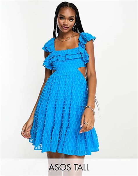 Asos Design Tall Frill Cutout Mini Skater Dress In Bright Blue Asos