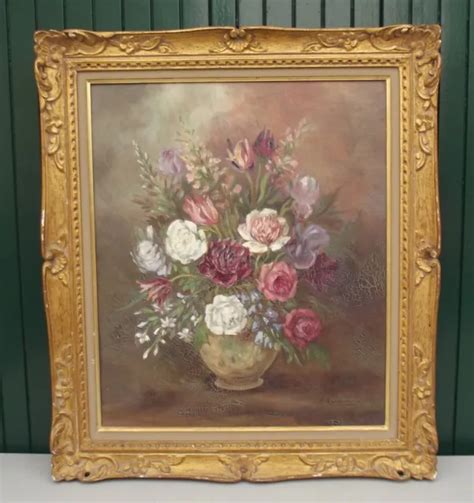 Ancien Tableau Huile Sur Toile Nature Morte Bouquet De Fleurs Signer M