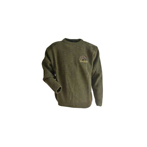 Pull col rond avec broderie motif sanglier sur poitrine CHASSE Pré